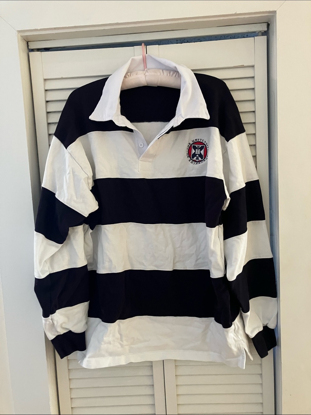 Rugby Polo Long Sleeve Striped Edinburgh Navy Blue and White Shirt XL